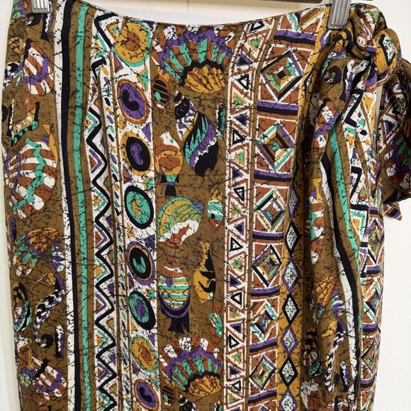 Lasserre Paris Wrap Skirt Women Size 42 Brown Tribal Aztec Artsy Fish Geometric - Picture 2 of 13